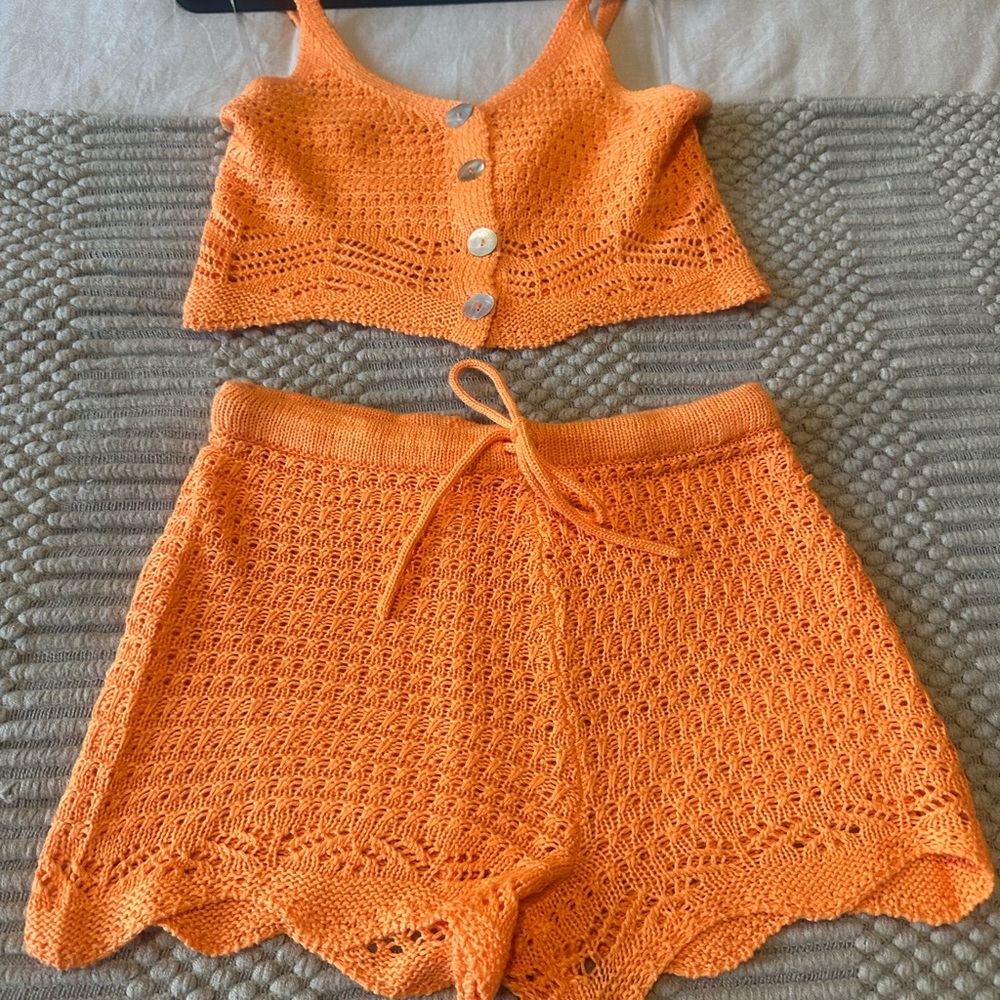 Orange Crochet Button-Up Crop Top and Shorts Set - Picture 2 of 5